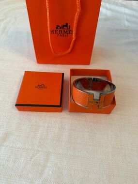 Hermes Orange Enamel H Bracelet with Silver Hardware